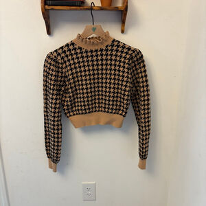 Janie and Jack Houndstooth Crop Sweater Girls 16 | Brown Black | Ruffle Collar